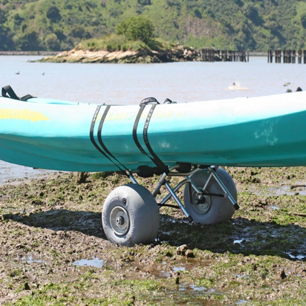 A kayak starpped onto a WheelEEZ Kayak cart.
